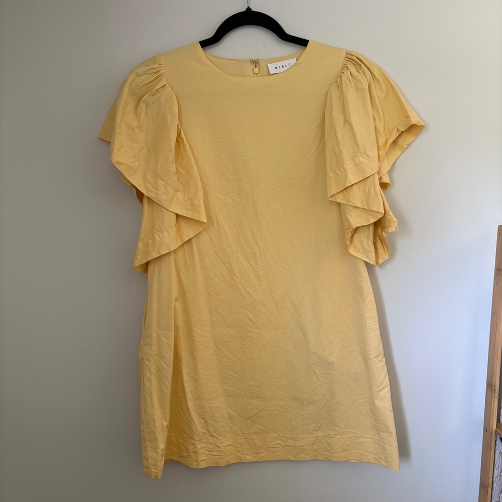 Mable Yellow Ruffle Flutter Sleeve Mini Shift Dress Size L Pockets‎ Preppy Girly